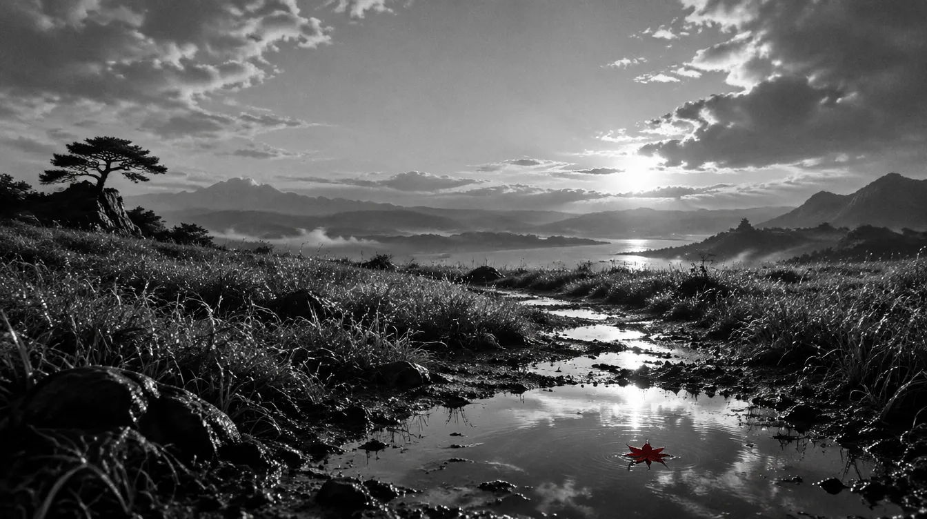 The meadow after the rain, clouds breaking, a red maple leaf floating in a puddle