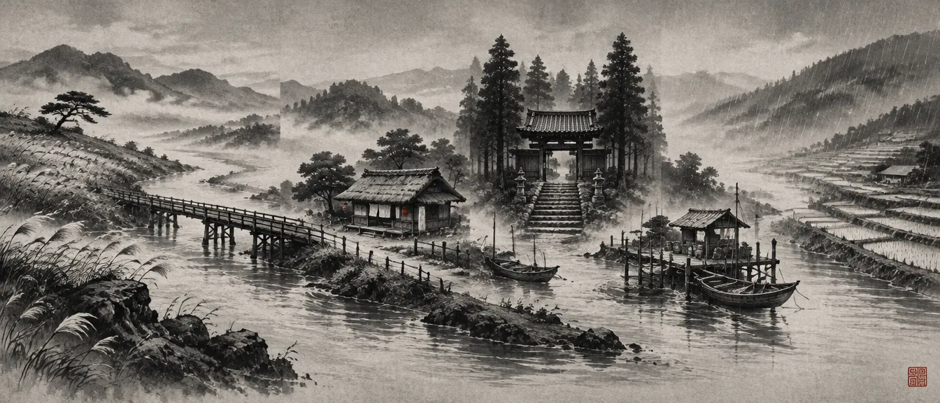 Ink handscroll of Karasu Province: a grass hill, a plank bridge, a teahouse, a temple gate, a dock and rice fields along one river
