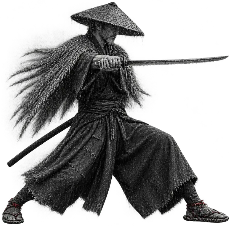 Hollis after the cut, sword drawn and level