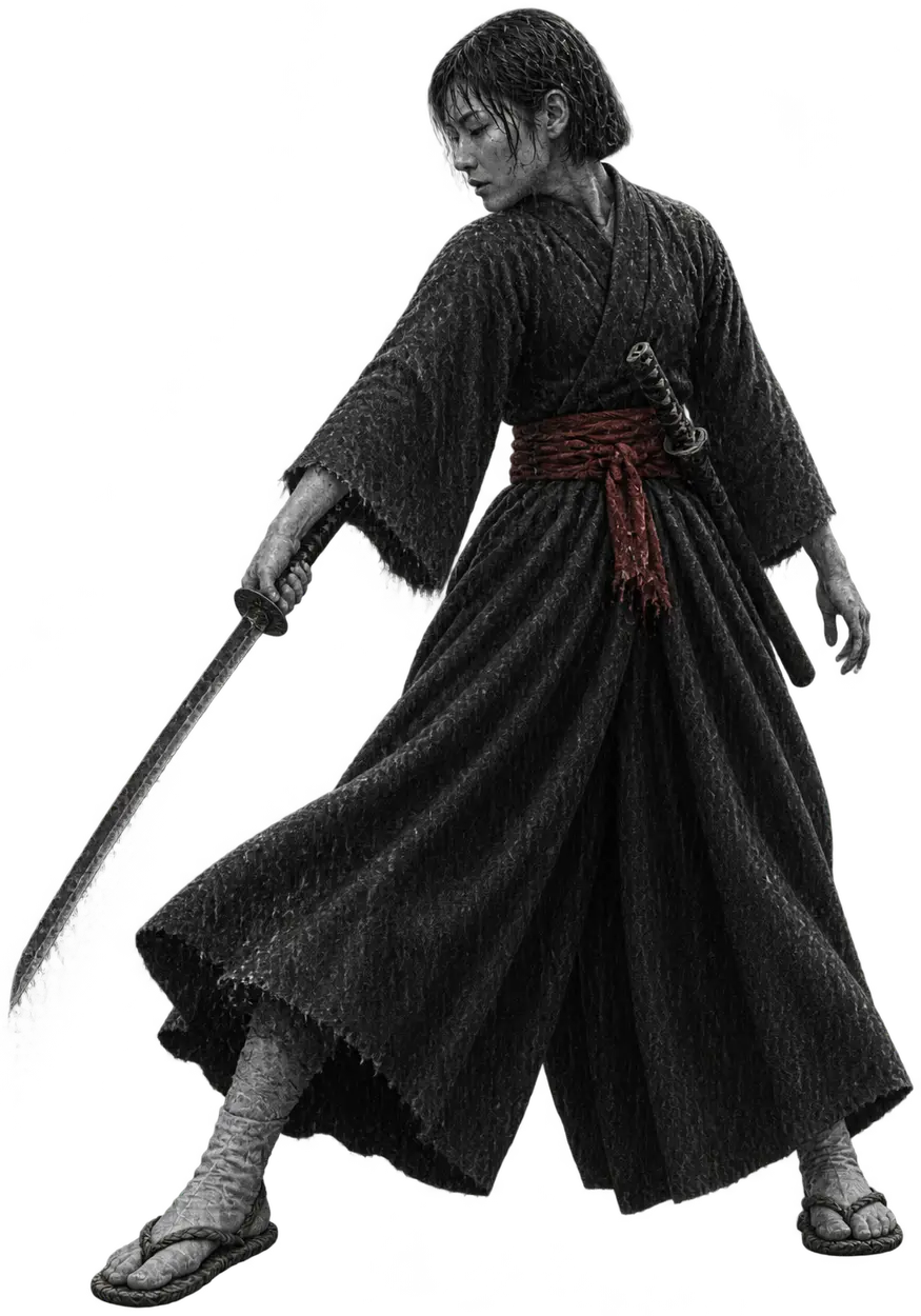 Sen Ashgrove at the temple steps, long sword drawn low after the cut, eyes lowered
