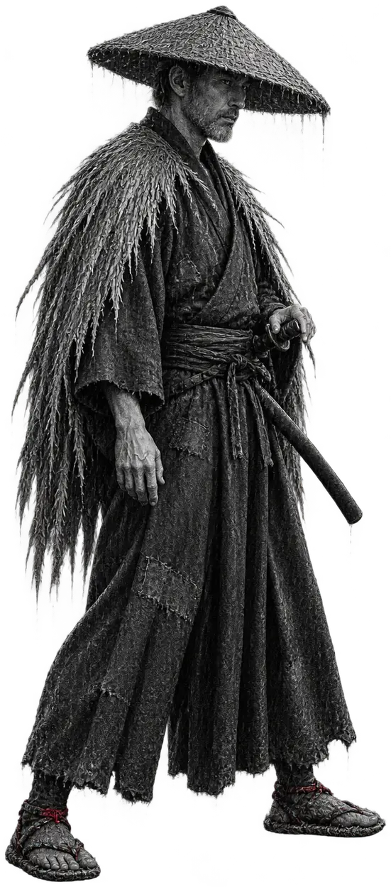 Hollis Mure, a ronin in a straw hat and straw rain cape, hand near his sheathed sword