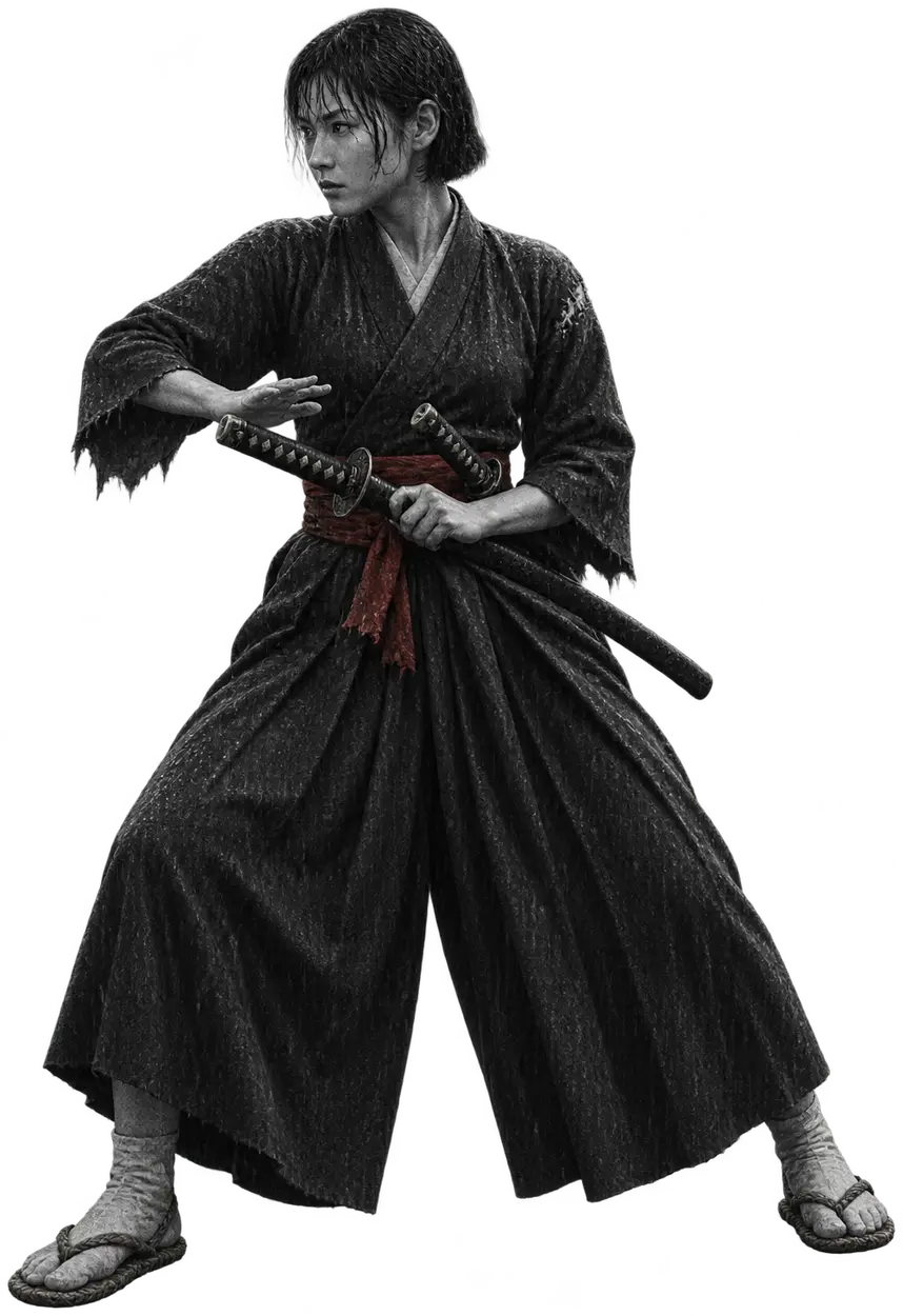 Sen Ashgrove in a low stance, thumb pushing her sword guard out of the scabbard
