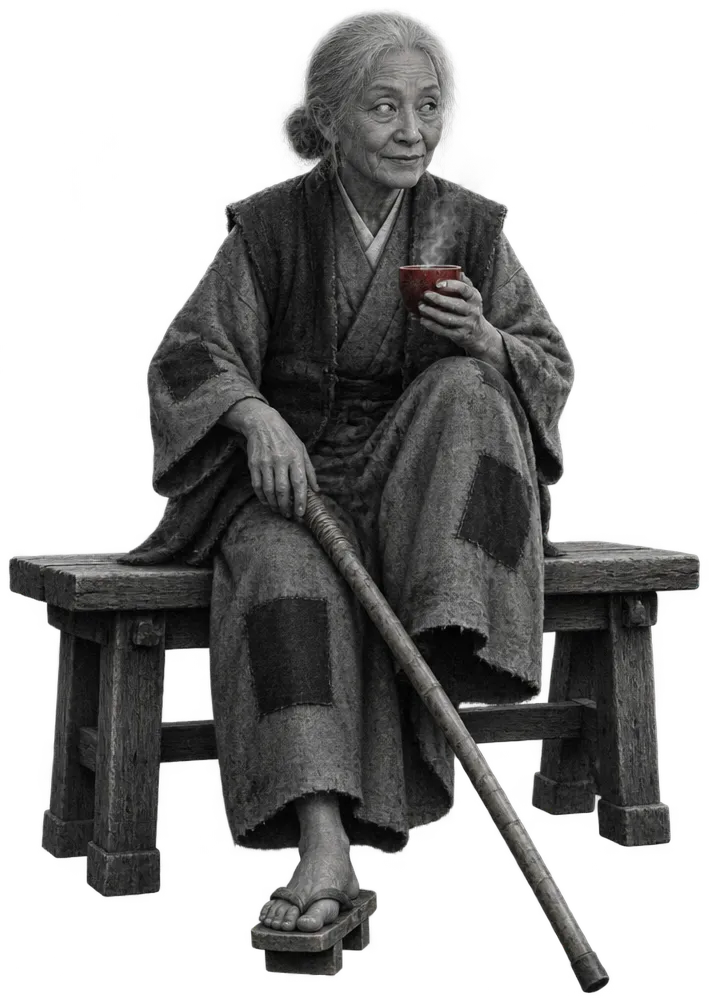 Old Ume seated on a teahouse bench, a red tea cup in one hand and a bamboo cane across her lap
