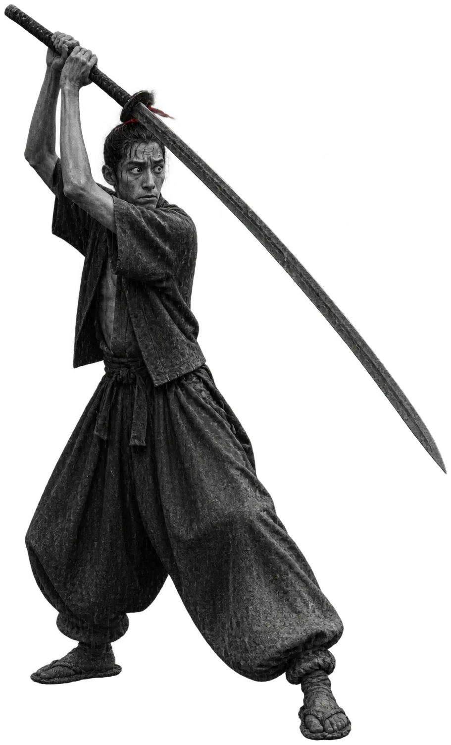Koji Tarn on a mud dike in a flooded rice field, a very long sword raised over his head, sweating